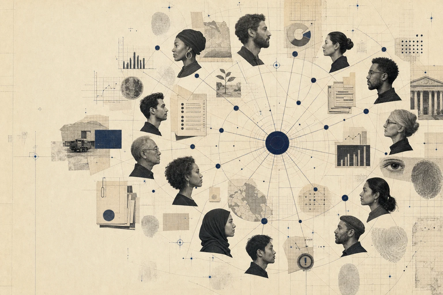 Many practitioner portraits connected by lines around one central point, drawn on parchment