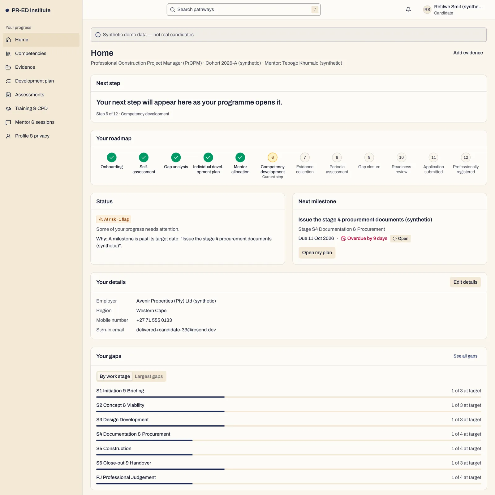 A candidate’s Home screen with the 12-step roadmap at step 6, an At risk status with the plain-language reason, the next milestone and progress against target by work stage.
