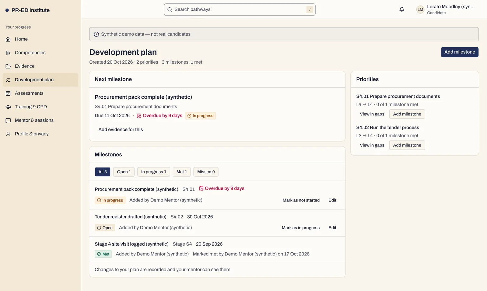 A candidate’s Individual Development Plan with two priority competencies, the next milestone and a list of milestones marked open, in progress and met.