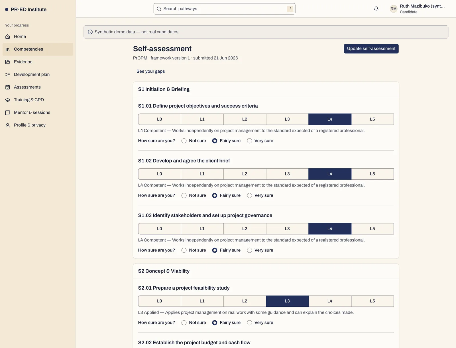 A submitted self-assessment where each competency is rated on the L0 to L5 scale with a confidence answer, grouped by work stage.
